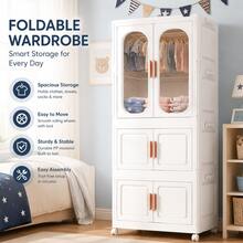 Foldable Children Clothing Storage Wardrobe With Wheels, Children's Wardrobe Portable Closet,Hanger & Layering PP Bedroom Storage Cabinet , Quick Easy Installation Portable Armoire For Bedroom Daily Clothes Sundries Storage - White - View 3