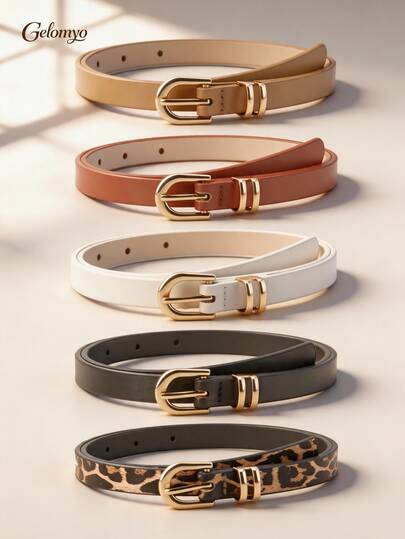5pcs Women's Thin Waist Belt PU Leather Leopard Print/Solid Color Casual Elegant Style Handmade Luxury Fashion Minimalist All Season Wearable Suitable For Jeans/Casual Pants/Dresses/Jumpsuits/Formal Wear Waist Shaping Decorative Belt Holiday Gift/Great Gift Choice