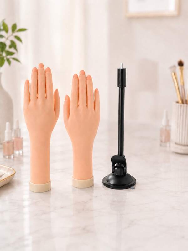 Juego de mano de práctica de uñas realista, mano de maniquí de silicona para uñas acrílicas con dedos flexibles y plegables, soporte de succión desmontable, herramienta de entrenamiento de arte de uñas de mano falsa, modelo de práctica de manicura reutilizable para principiantes, estudiantes y técnicos de uñas de salón