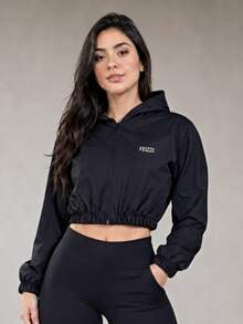 Blusa de Frio Academia Feminina Jaqueta Cropped Com Capuz Tactel com Elastano Fitness - Preto - Visão 2