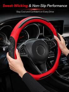 Fashion Stitched Carbon Fiber PU Leather Steering Wheel Cover - 3D Perforated Breathable Grip,Comfortable Grip, Anti-Slip Rubber Inner Ring For 37-38cm Wheels, Universal Fit - Carbon Fiber Splicing - View 4