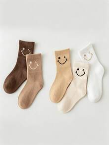 5 Pairs Unisex Kids Smiling Face Theme Short Socks, Breathable Lightweight Comfortable Mid-Calf Socks, Non-Tight Cuff, Highly Attractive Baby Socks, European And American Style Playful Outfit Essential - Multicolor - View 6