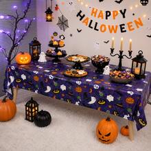 Halloween Purple Tablecloth, Cartoon Pumpkin Ghost Bat Black Cat Print Disposable Party Tablecloth, Halloween Party Dining Table Decor Cloth - View 1