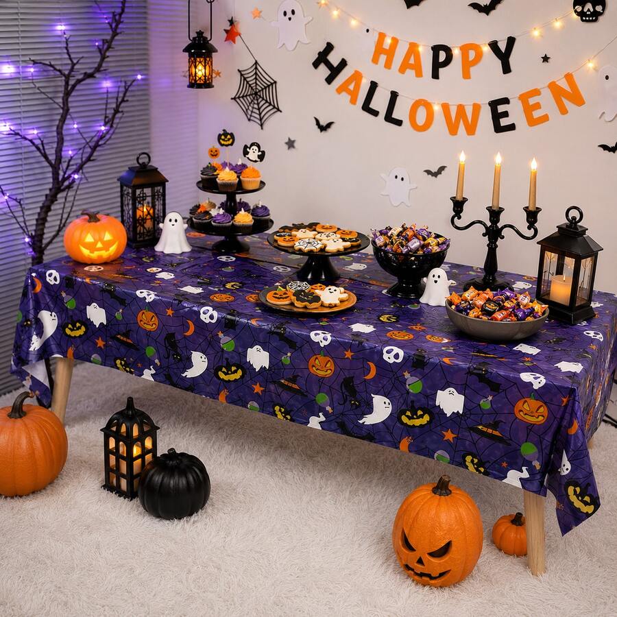 Halloween Purple Tablecloth, Cartoon Pumpkin Ghost Bat Black Cat Print Disposable Party Tablecloth, Halloween Party Dining Table Decor Cloth - View 1