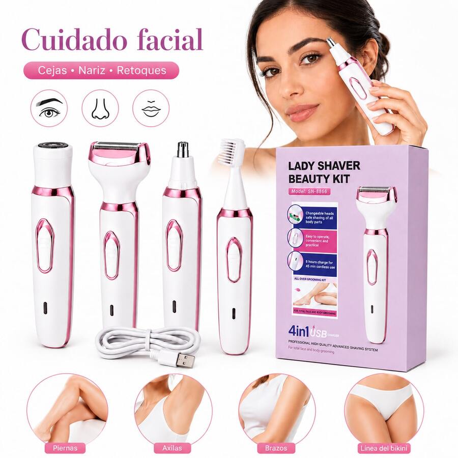 Afeitadora eléctrica 4 en 1 para mujer: depilación corporal completa, recorta el vello facial, de las cejas y de la zona del bikini. Tamaño compacto y portátil con batería de larga duración. Imprescindible para viajar y conseguir una piel suave en casa, en la escuela o de vacaciones.