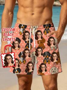 1pc Customizable Men's Hawaiian Beach Shorts With Personalized Face Design, Funny And Humorous Style, Suitable For Daily Casual, Friends Gathering, Party Wear, Custom Fun Gift For Boyfriend/Girlfriend, Family And Friends, Creative Ideal Gift - Multicolor - View 1