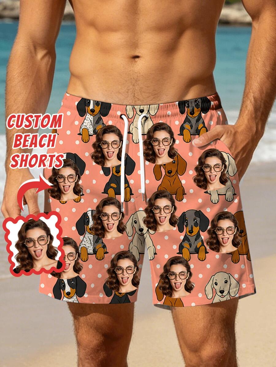 1pc Customizable Men's Hawaiian Beach Shorts With Personalized Face Design, Funny And Humorous Style, Suitable For Daily Casual, Friends Gathering, Party Wear, Custom Fun Gift For Boyfriend/Girlfriend, Family And Friends, Creative Ideal Gift - Multicolor - View 1