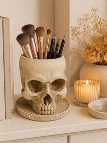 Skull Makeup Brush Holder, Gothic Vanity Organizer, Halloween Desk Decor Cup For Cosmetic Brushes, Eyeliner, Pens, Bathroom Countertop, Dressing Table, Bedroom & Office Decor - Multiple Models - View 5