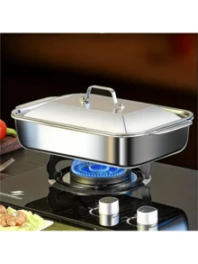 1pc Square Stainless Steel Baking Pan With Lid, Rectangular Roasting Pan, Non-Stick Thickened Double Handle, Perfect For Grilling, Roasting Fish, Desserts And Bread, Essential Tool For Home Cooking And Food Stalls - Silver - View 9