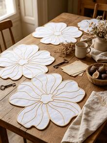 1-12pcs Large Petal White Gold Thread Embroidered Placemats, Southern French Cream Style Thickened Fabric Heat-Resistant Non-Slip Table Mats, Garden Party Anniversary Wedding Banquet Outdoor Picnic Spring Summer Table Decor - Multicolor - View 5