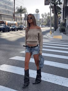Sookaug Vintage Cable Knit Sweater Women Off-Shoulder Off-Shoulder Two-Way Wear Slouchy Short High Waist Top - Khaki - View 5