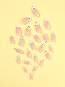 24 Peças Unhas Postiças Francesas Brancas & Pretas com Bolinhas, Conjunto de Adesivos de Arte de Unhas em Formato de Amêndoa Médio, Inclui 1 Folha Adesiva e 1 Lixa de Unha, Adequado para Uso Diário - Multicolorido - Visão 3