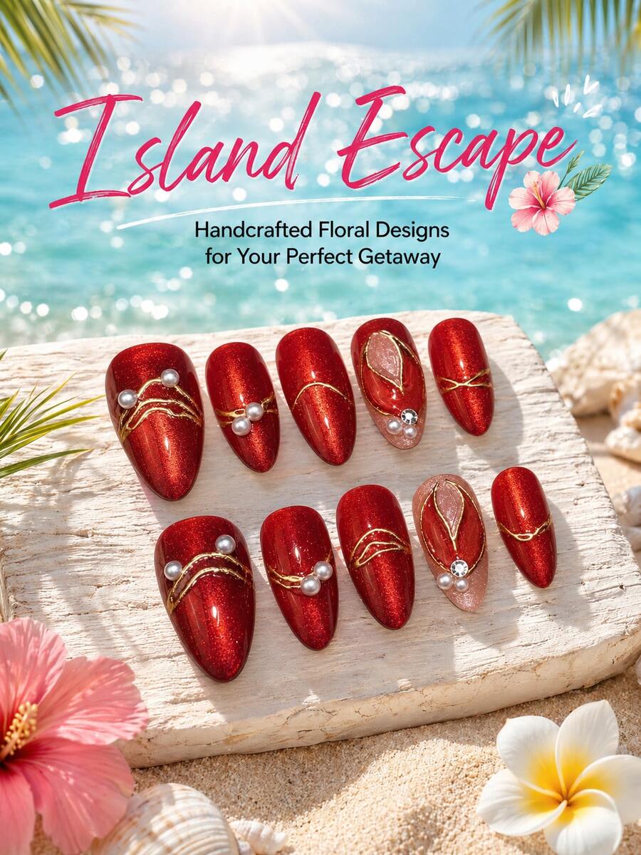 NAIO 10pcs 3D Silver Line Pearl Decor Burgundy Gradient Glossy Full Coverage Fake Nails, Island Glow Luxury Summer Beach Style Press-On Nails, Suitable For Almond Shaped Nails, Perfect For Women And Girls For Dates And Vacations - Multicolor - View 1