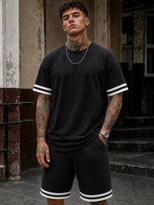 FRACTYR Men's Summer American College Style Graphic Crew Neck Short Sleeve T-Shirt And Drawstring Shorts Set, Suitable For Summer Wear - Black - View 3