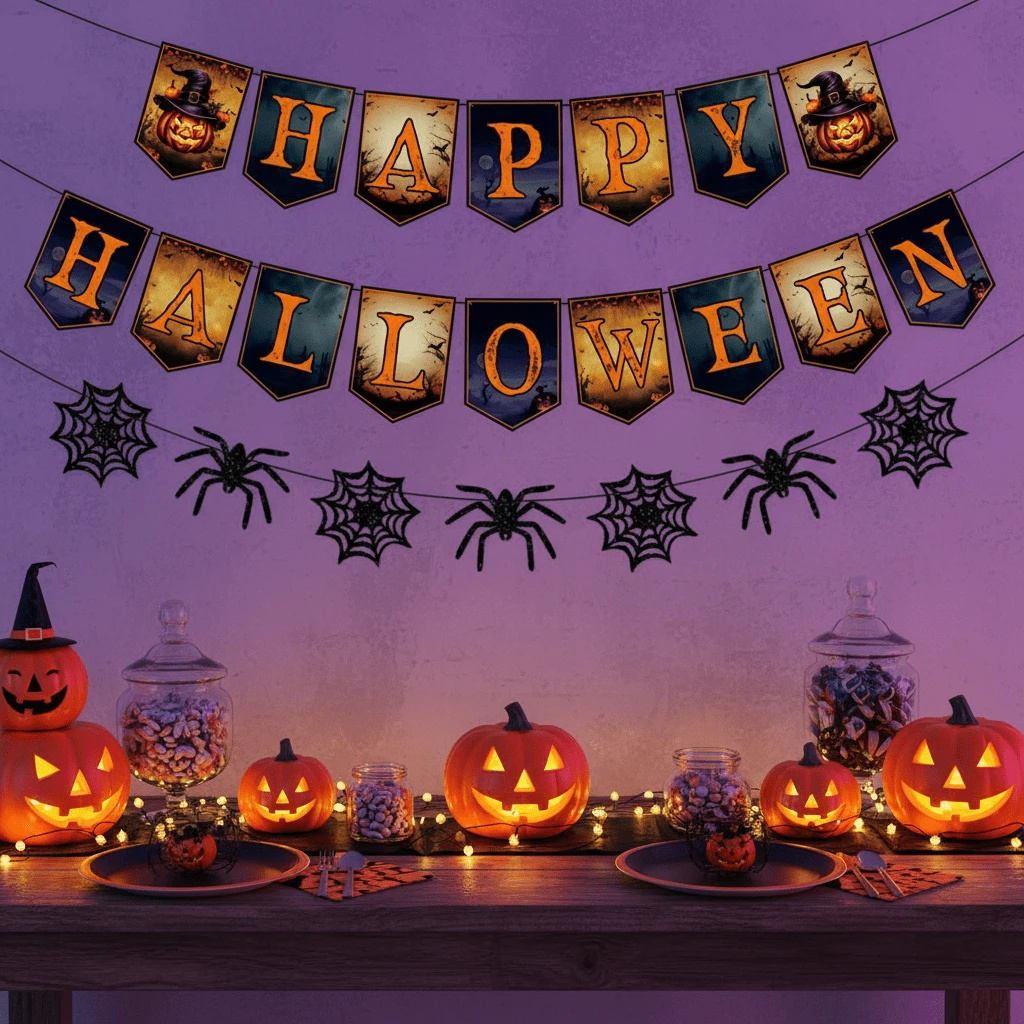 Halloween Dekorationen - Happy Halloween Banner | HALLOWEEN Party Dekorationen für Innen und Außen - Trunk Or Treat Hintergrund Girlande für Außen | Hängende Partyartikel Zubehör für Halloween - A - Übersicht 1