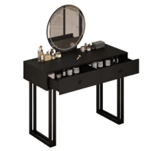 Escritorio moderno de vanidad led con espejo iluminado, mesa de vanidad de maquillaje de iluminación de 3 colores ajustable con 2 cajones de almacenamiento, mesa de vestidor de marco de metal resisten - Negro - Ver 1