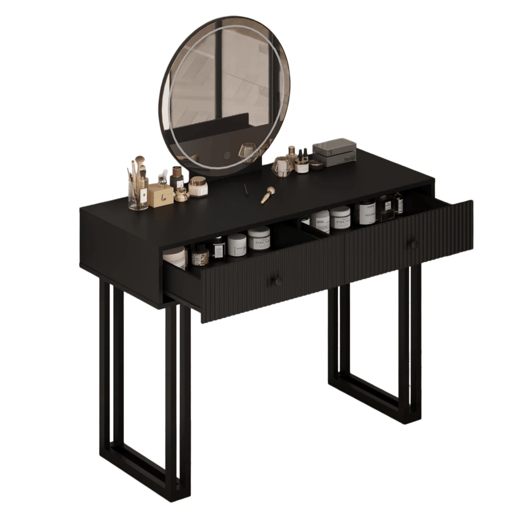Escritorio moderno de vanidad led con espejo iluminado, mesa de vanidad de maquillaje de iluminación de 3 colores ajustable con 2 cajones de almacenamiento, mesa de vestidor de marco de metal resisten - Negro - Ver 1