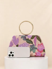 女款紫色亮片刺繡花卉手拿包，金屬環手柄正式派對手提包，亮片刺繡工藝，彩色亮面3D花卉圖案，適合婚禮、慶典與正式場合（隨機圖案） - 紫色 - 查看 5