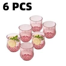 6只透明粉色塑料钻石纹理无柄葡萄酒杯，3盎司，不易碎，可重复使用，经典复古优雅，适用于酒店、酒吧、餐厅、婚礼、生日、乔迁、派对、周年纪念、节日庆典（复活节、母亲节、情人节、独立日、劳动节、新年等），可盛装葡萄酒、鸡尾酒、利口酒、啤酒、果汁和饮料。 - 查看 14