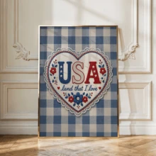1pc Vintage Wall Art Poster, Patriotic American Wall Art Decor | Vintage Blue And White Plaid Pattern With Lace Trim Design, Framed Or Unframed, Room/Home Decor, Living Room, Bedroom, Bathroom Or Office Wall Decor Gift - A - View 3