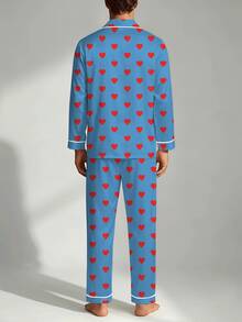 2pcs Men's Pajama Set, Satin Silk Heart Print Button Long Sleeve Top And Pants Loungewear Set, Autumn/Winter Clothing, Perfect Gift - Multicolor - View 4