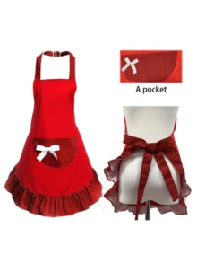 2pcs Vintage British Style Red & Black Striped Ruffle Apron With Bow Pocket, Adjustable, Versatile For Kitchen Baking, Cafe Service, Vintage Photography - Multicolor - View 9