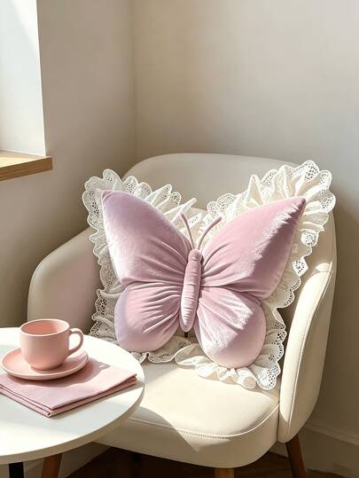 6/1pc Charming Back Cushion With 3D Butterfly Design Elegant Lace Trim Pink Throw Pillow For Women Coquette Aesthetic Comfortable Ergonomic Sofa Cushion Ideal For Desk Chair Bed Couch Waist Support Cushion Accent Pillow Home Decor Pillow