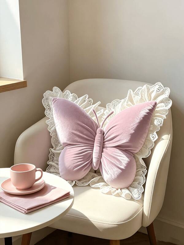 1 pieza Cojín de respaldo encantador con diseño de mariposa 3D, elegante ribete de encaje, almohada decorativa rosa para mujeres, estética coquette, cojín ergonómico cómodo para sofá, ideal para silla de escritorio, cama, sofá, cojín de soporte lumbar, almohada de acento, decoración del hogar