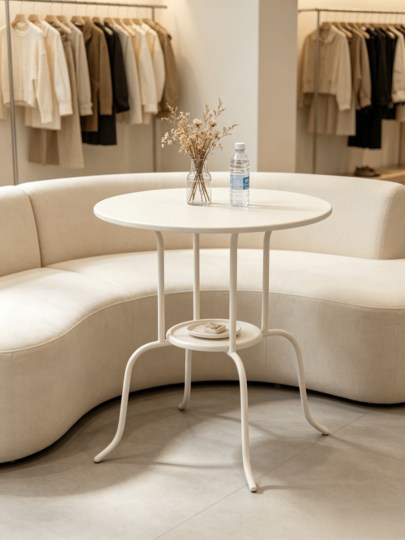 1pc Double-Layer Round Wrought Iron Side Table For Home Use, Matte White Curved Floor Legs, Small Storage Table For Afternoon Tea On Balconies And Bay Windows.