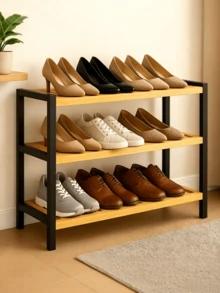 1pc 2/3-Tier Wooden Shoe Rack With Metal Frame, Economical Shoe Shelf, Space Saving, Sturdy And Durable, Movable, Suitable For Corridor, Entryway And Dormitory, Household Shoe Cabinet, Shoe Rack - Multicolor - View 5