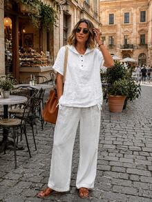 Blusa suelta de unicolor con capucha, cuello, manga corta y botones delanteros, estilo casual, para uso diario en color blanco - Blanco - Ver 2