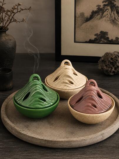 1pc Wabi Sabi Chinese Style Mountain Wave Incense Burner, Hollow Lid Aroma Censer, 3 Colors Sandstone Dark Green Sepia Brown, Tea Room Desktop Incense Decor Gift