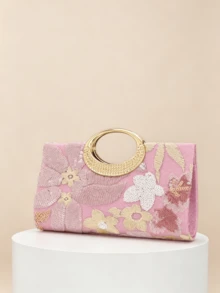 1件粉色亮片刺繡花卉晚宴包，金屬環手柄正式派對手拿包，亮片刺繡工藝，3D花卉設計（隨機圖案），必備婚禮配件，情人節禮物，適用於婚禮、慶典及其他正式場合 - 粉色 - 查看 5