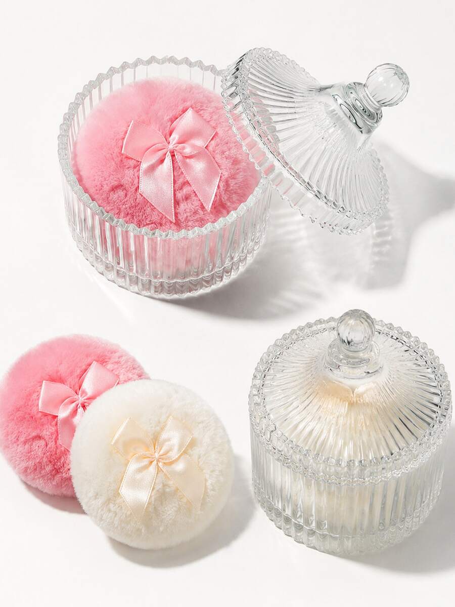 1pc Striped Glass Vanity Jar With Lid, Victorian Style Cosmetic Storage Container, Suitable For Loose Powder And Small Makeup Accessories, Elegant Bathroom Decor, Perfect Valentine's Day And Wedding Gift For Women, Wife And Girlfriend - Multicolor - View 1