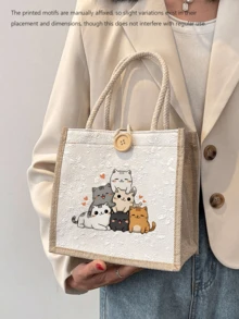 Cartoon Katzen Muster Tragetasche, Buchstaben Muster, wiederverwendbare bedruckte Handtasche für Frauen, Doppelgriff Einkaufs-/Schultasche, große Kapazität Schultertasche, Casual Tragetasche, Valentinstag Aufbewahrungstasche Lunchpaket, geeignet für Pendeln, Schule und Einkaufen, praktisch für Outdoor-Aktivitäten - Verschiedenfarbig - Übersicht 6