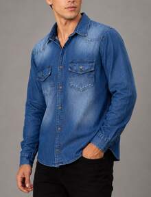 Men's Slim Fit Denim Shirt, Medium Wash - Medium Wash - View 2