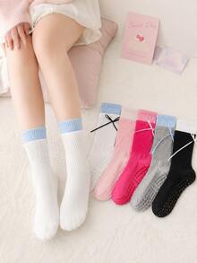 1 Pair Women's Pilates Yoga Socks, Silicone Non-Slip Sports Floor Socks, Faux Double Layer Design, Ballet Style With Bow And Ribbon Mid-Calf Socks - Multicolor - View 3