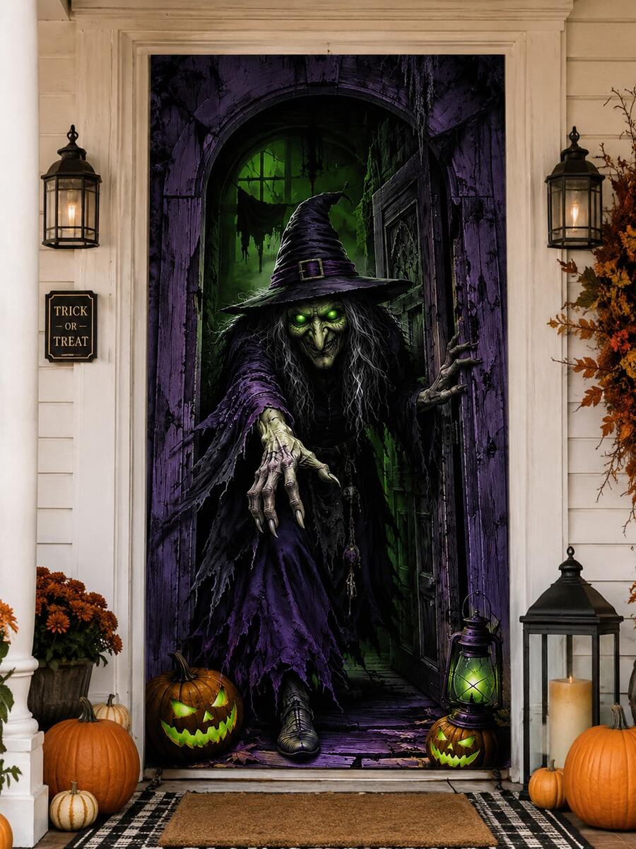 Halloween Witch Door Curtain Backdrop, Purple & Green Scary Witch Pumpkin Print Polyester Vertical Door Banner, High-Definition Printing Lightweight Easy To Hang, Suitable For Entrance Door, Hallway, Haunted House And Halloween Party Decoration - Witch - View 1
