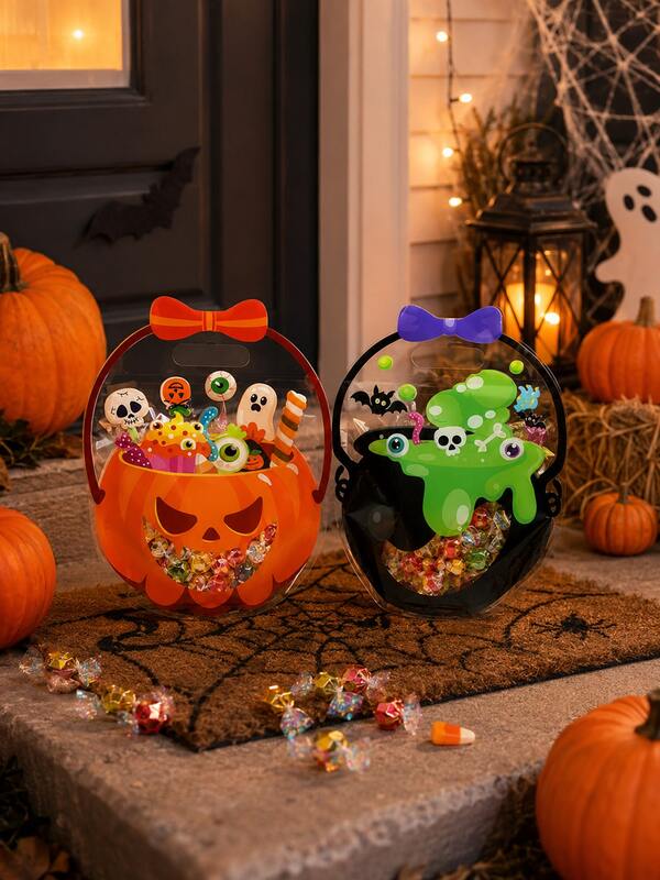 10/5/1 túi quà Halloween tự đứng, thiết kế bí ngô và vạc phù thủy, túi lưu trữ trang trí Halloween, túi tự đứng tái sử dụng, đồ trang trí tiệc Halloween, phụ kiện tiệc Trick Or Treat, túi quà, tạo không khí rùng rợn, quà tặng tiệc