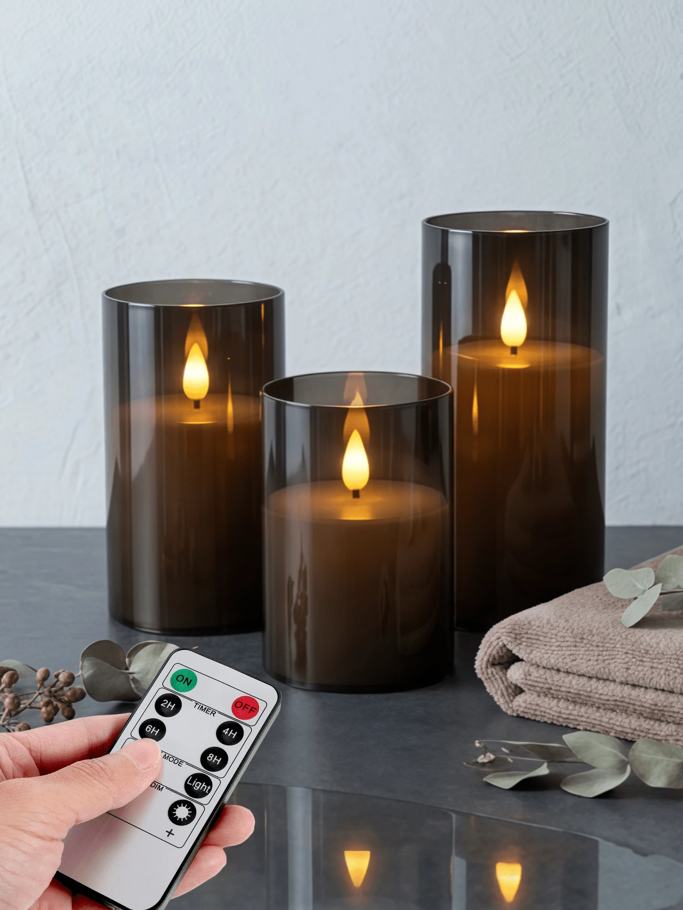 1/2/3 piezas Velas parpadeantes, sin llama, alimentadas por batería, con control remoto, función de temporizador, adecuadas para el hogar, la granja, el baño - negro - Ver 1