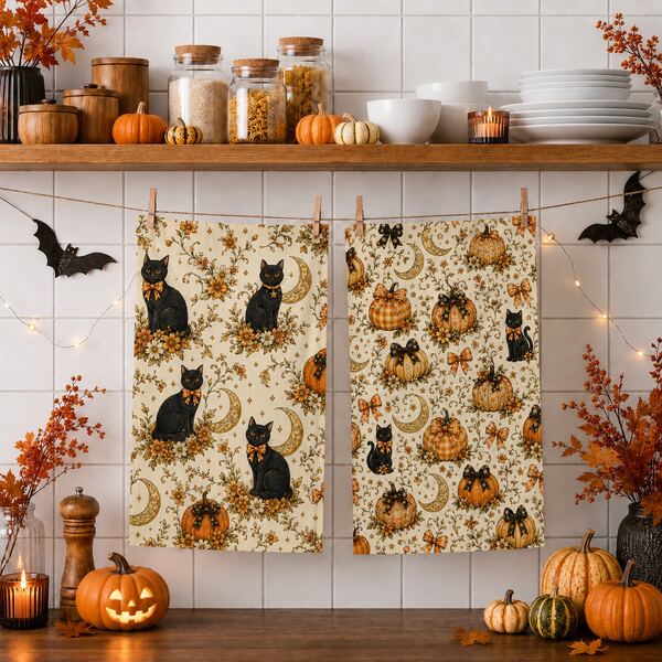 2pcs Cream White Black Cat Pumpkin Bow Pattern Halloween Tea Towels, Vintage Country Style Kitchen Towels, Suitable For Holiday Decor, Table Setting, Home Kitchen Use
