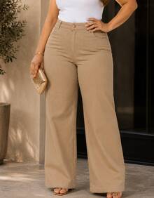 Women's Wide Leg Plus Size Jeans - High Quality - Khaki - View 3