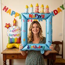 Blue Happy Birthday Print Colorful Candles Birthday Cake Photo Frame Balloon Base Birthday Cake Balloon Set Suitable For Birthday Party Decoration Props Balloons - Blue Candle Photo Frame + Colorful Cupcakes - View 3