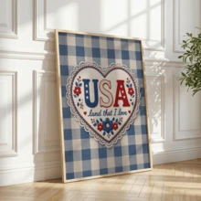 1pc Vintage Wall Art Poster, Patriotic American Wall Art Decor | Vintage Blue And White Plaid Pattern With Lace Trim Design, Framed Or Unframed, Room/Home Decor, Living Room, Bedroom, Bathroom Or Office Wall Decor Gift - A - View 4