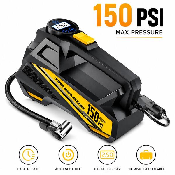 Carsun Portable Tire Inflator - Air Compressor For Car Tires, With Handle, LED Light, Digital Display Smart Preset - Auto Shut-Off, 12V-DC (3 Meters Power Cord), Also Suitable For Bicycles, Motorcycles, Etc.