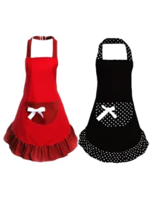 2pcs Vintage British Style Red & Black Striped Ruffle Apron With Bow Pocket, Adjustable, Versatile For Kitchen Baking, Cafe Service, Vintage Photography - Multicolor - View 3