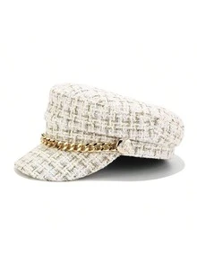 Elegant Plaid Tweed Newsboy Cap Set, Gold Chain Pearl Metal Button Decor Vintage Duckbill Women's Hat, Suitable For Autumn/Winter Daily, Shopping, Garden Party, Evening Party And Street Style - Multicolor - View 13