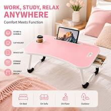 Foldable Laptop Desk Bed Tray Table, Portable Large Lap Desk With Cup Holder, Tablet Holder & Storage Drawer, Multi-Function Bedside Table For Work, Study, Reading, Eating On Bed, Sofa & Couch - Pink - View 1