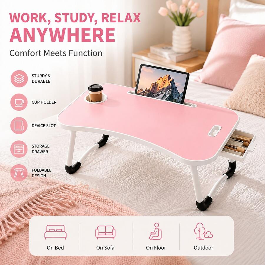 Foldable Laptop Desk Bed Tray Table, Portable Large Lap Desk With Cup Holder, Tablet Holder & Storage Drawer, Multi-Function Bedside Table For Work, Study, Reading, Eating On Bed, Sofa & Couch - Pink - View 1