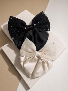 1pc Black Satin Bow Hair Clip, Combining Cute And Elegant School Style. Made Of High-Quality Satin. A Thoughtful Valentine's Day Gift, Popular Among Students. Easily Create A Sweet Look. - Black and White Lace - View 2